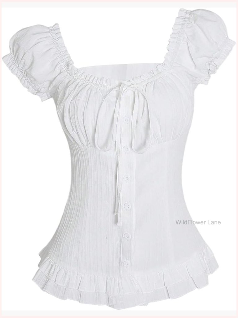Puff Sleeve Blouse Ruched Bust Bow Tie Button Up Going Out Top